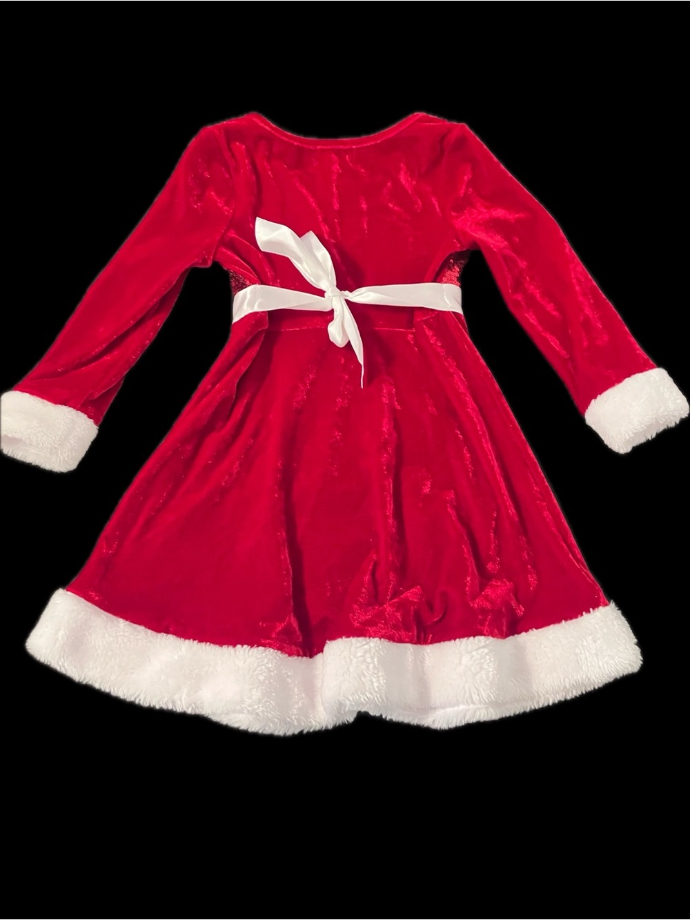 Girls Festive Red Velvet Dress with White Faux-Fur Trim and Bow